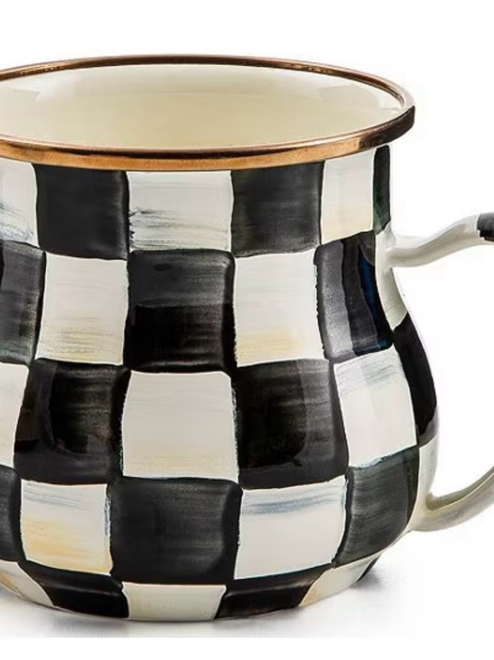 MacKenzie-Childs Black and White Check Enamel Mug with Gold Accent